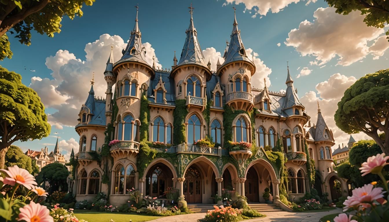Dreamy Surrealist House with Spires and Arches