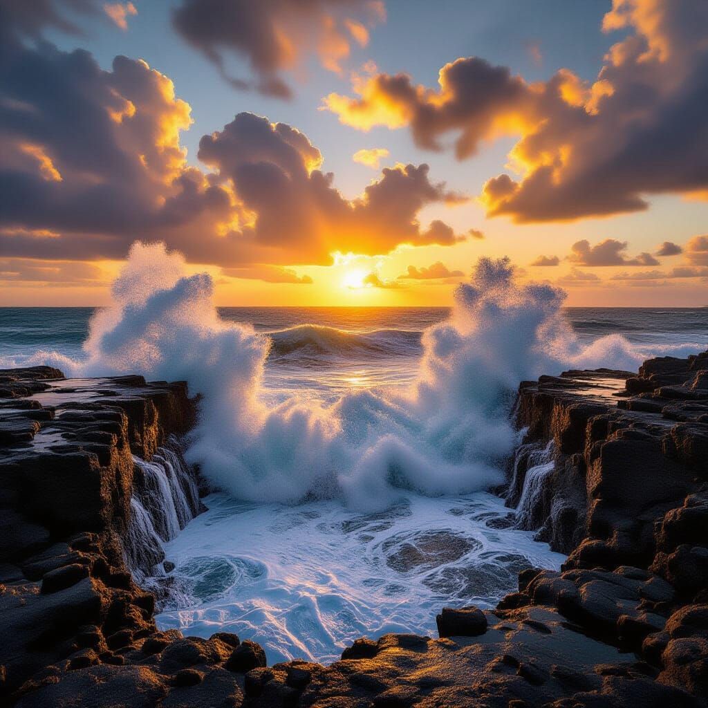 Massive Ocean Wave Crashing on Black Cliffs at Golden Hour