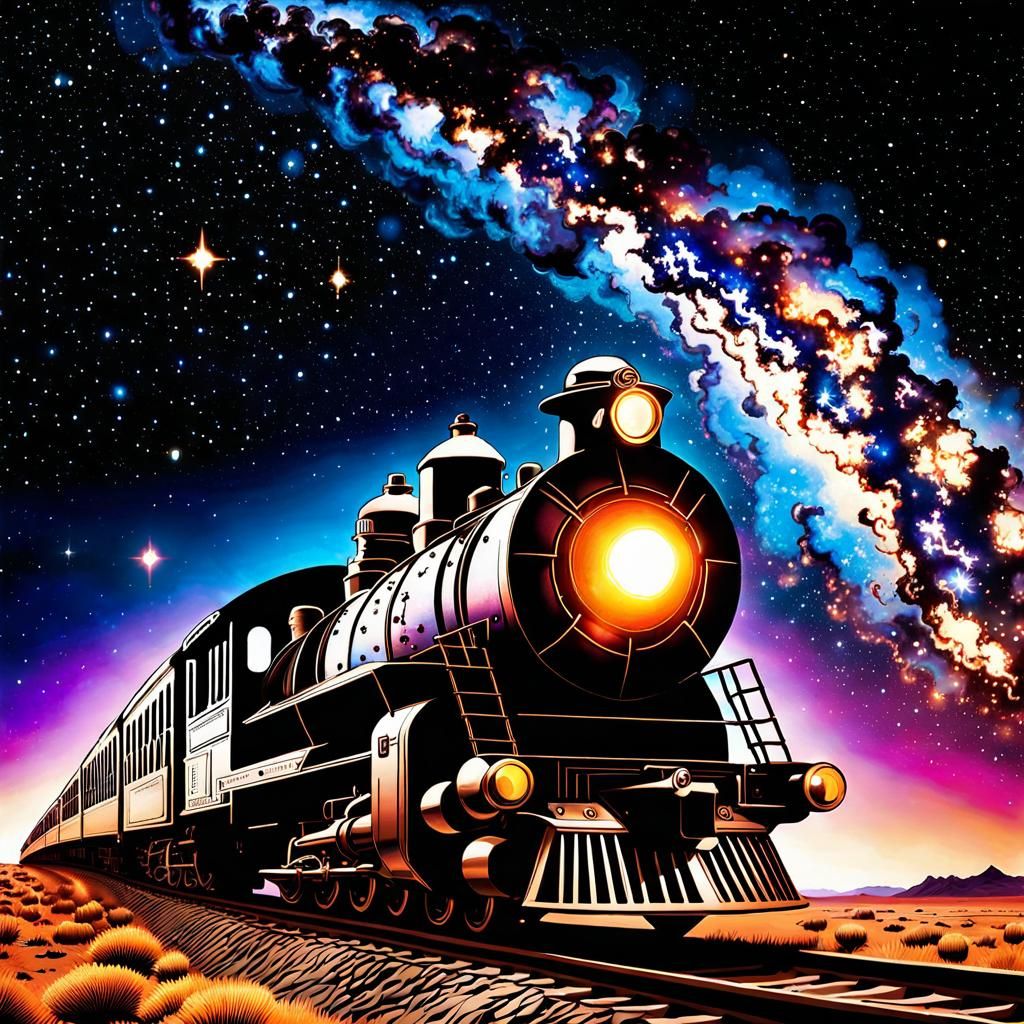 Cowboy Rides Train Through Galaxy in Space Art