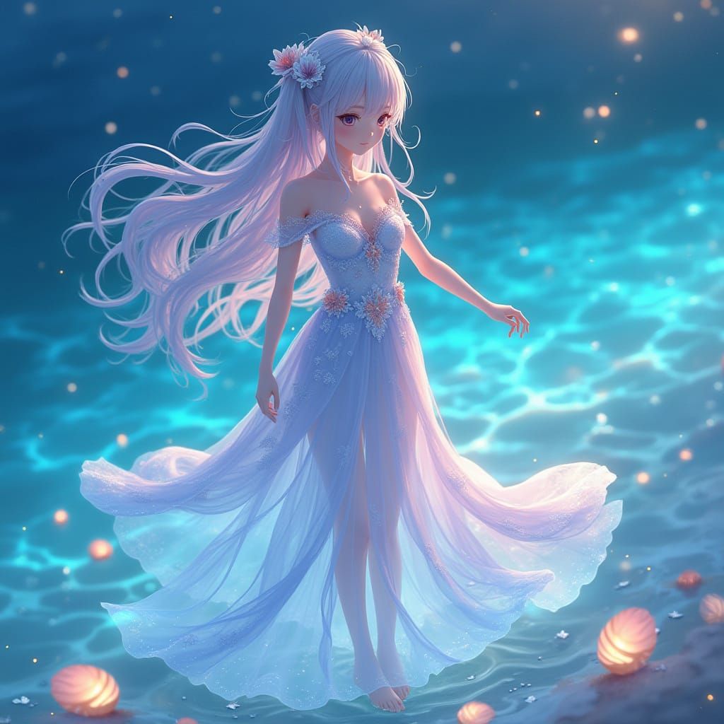 Bioluminescent Beach: Anime Girl in Ethereal Gown