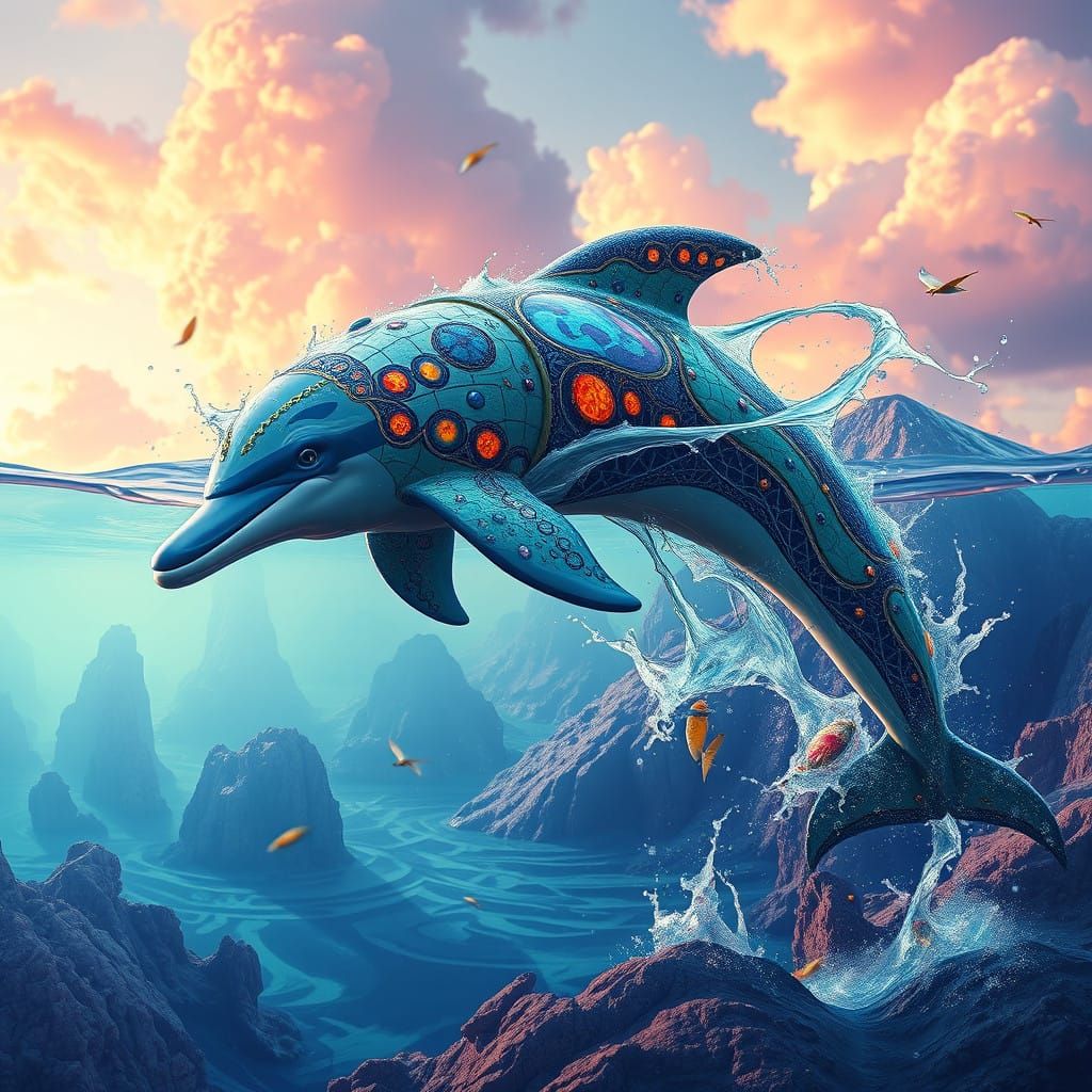 Surreal Gherkin Transforms into Dolphin in Futuristic Concep...