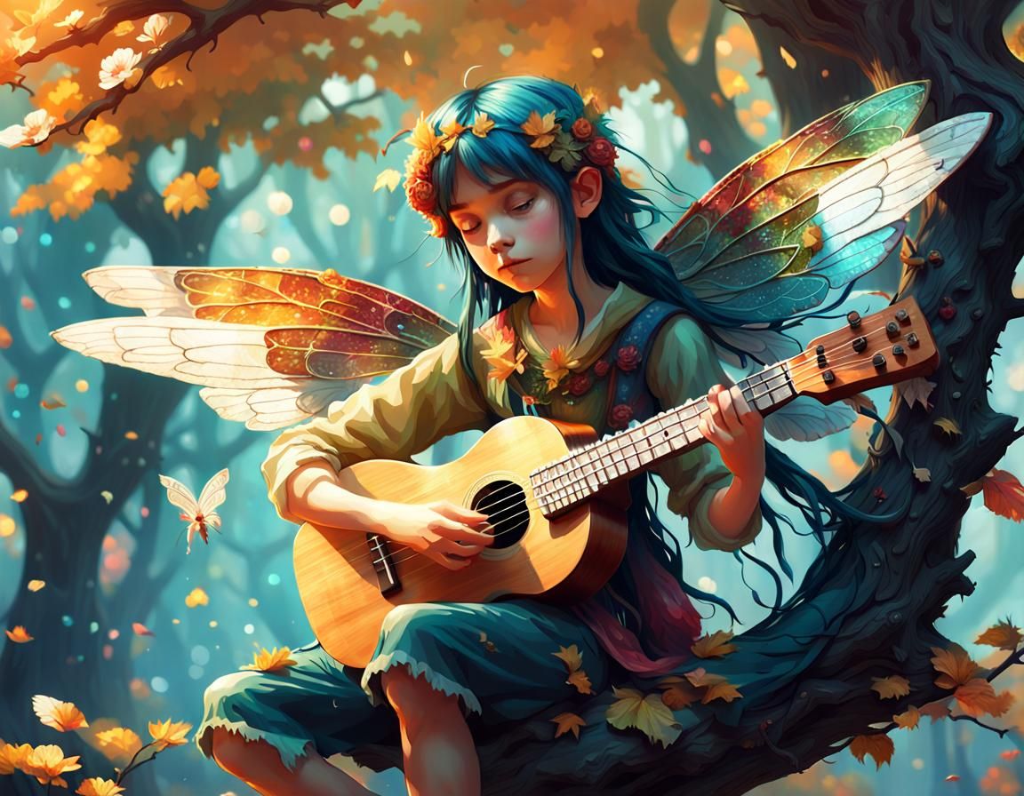 Pixelated Fairy Plays Ukulele in Magical Forest