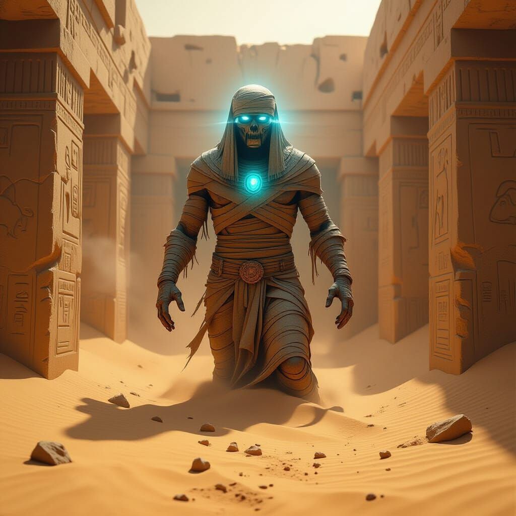 Colossal Mummy Rises From Desert Tomb in Hyperrealistic Styl...