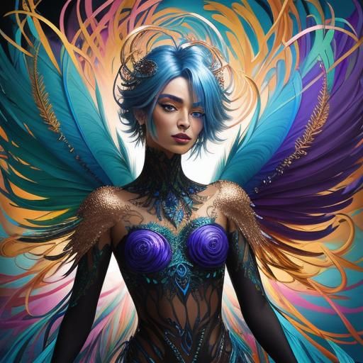 Abstract Expressionism Portrait: Rose Gold Woman with Feathe...