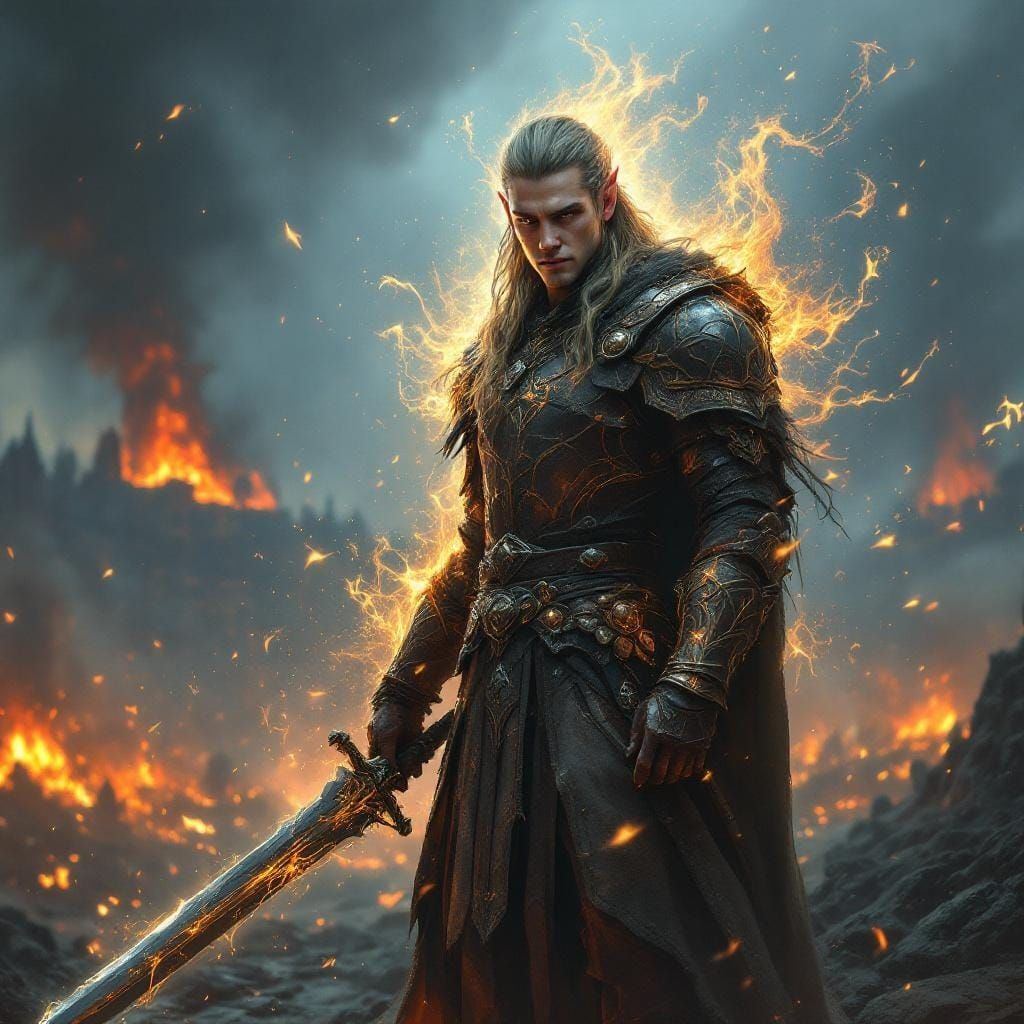 Elven God of Celestial Flames on a Ravaged Battlefield