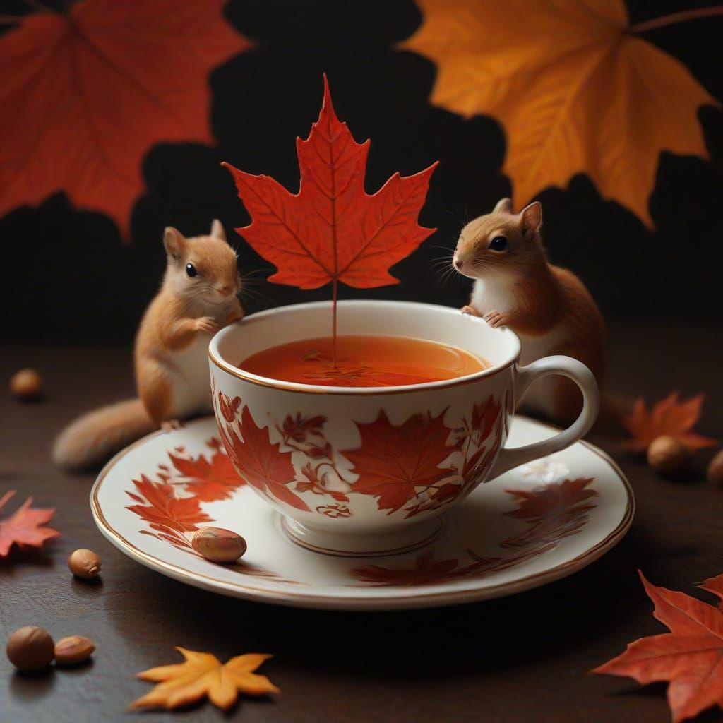 Whimsical Squirrels Sip Tea on Maple Leaf Stage