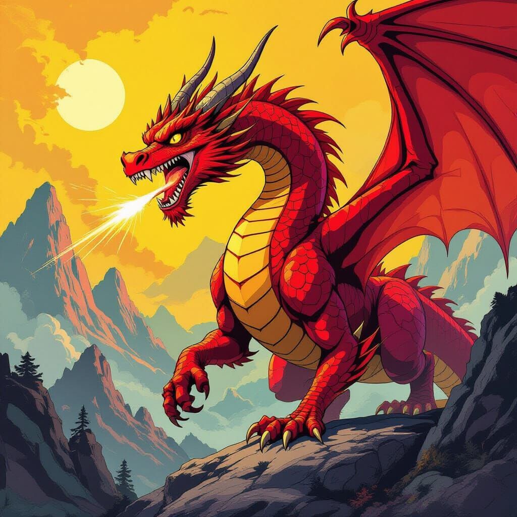 Red Dragon Roars in Moebius Style Yellow and Purple