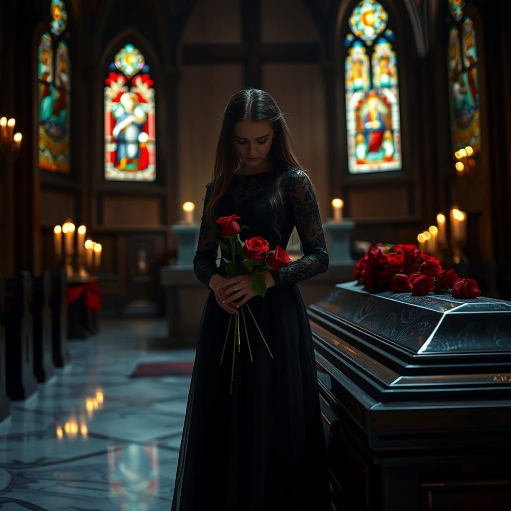 Grieving Woman with Roses in Chapel, Cinematic Photography