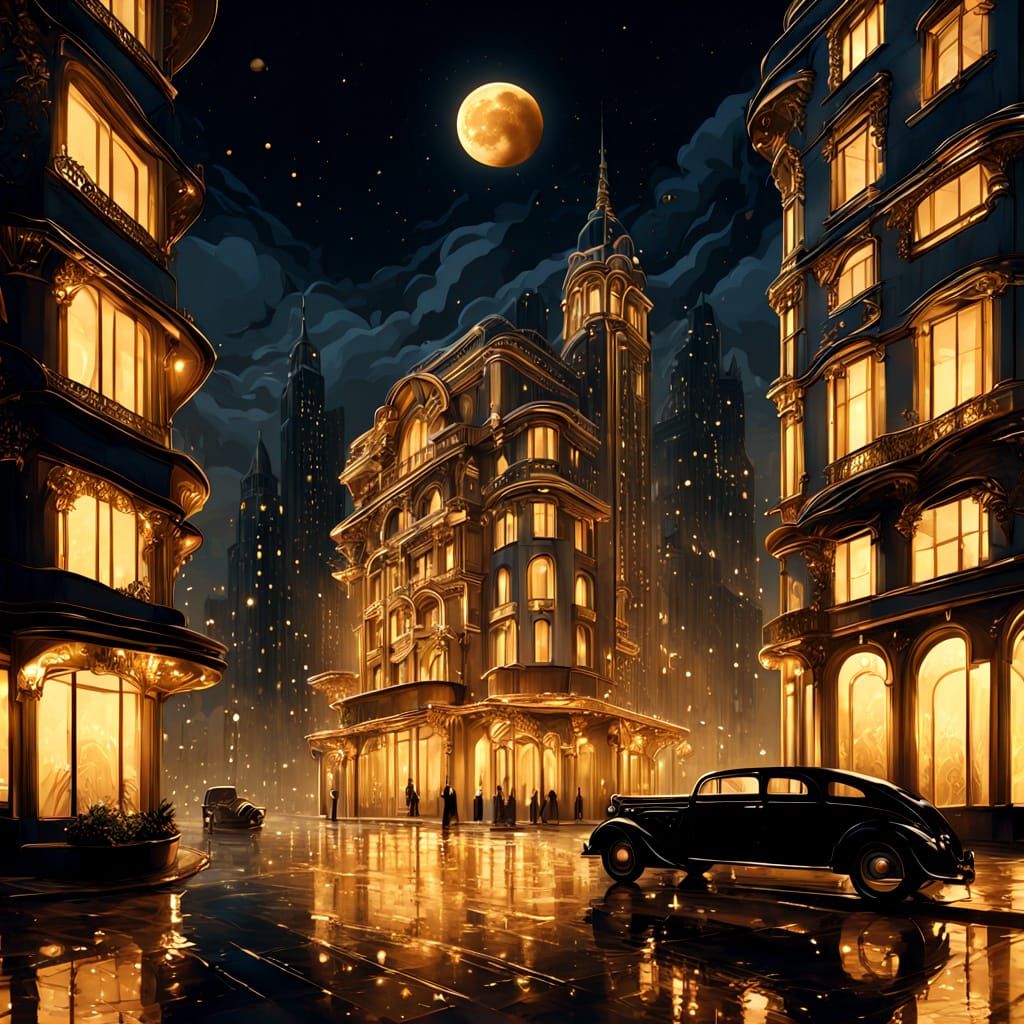 Art Deco City Street at Night with Golden Moon