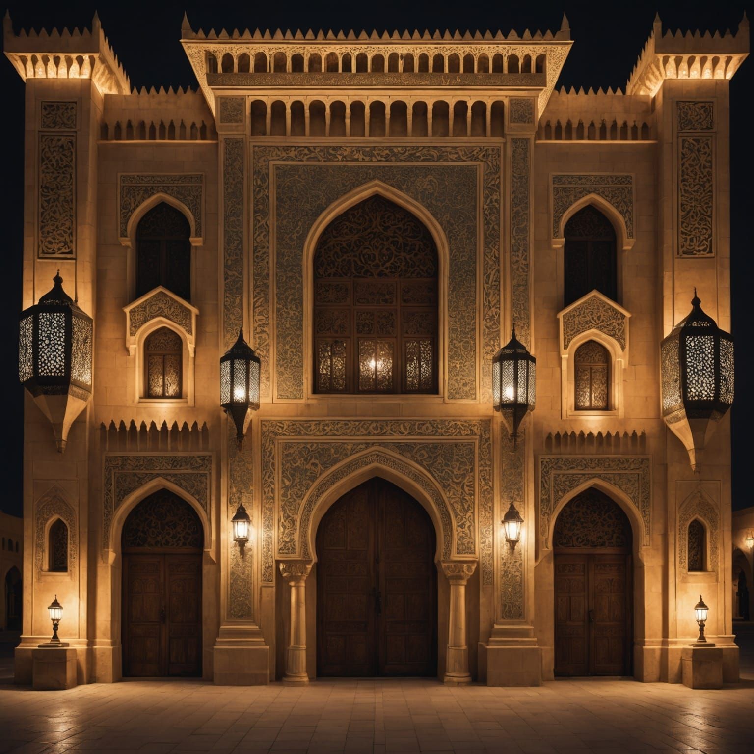 Arabian Palace Facade at Night with Lanterns