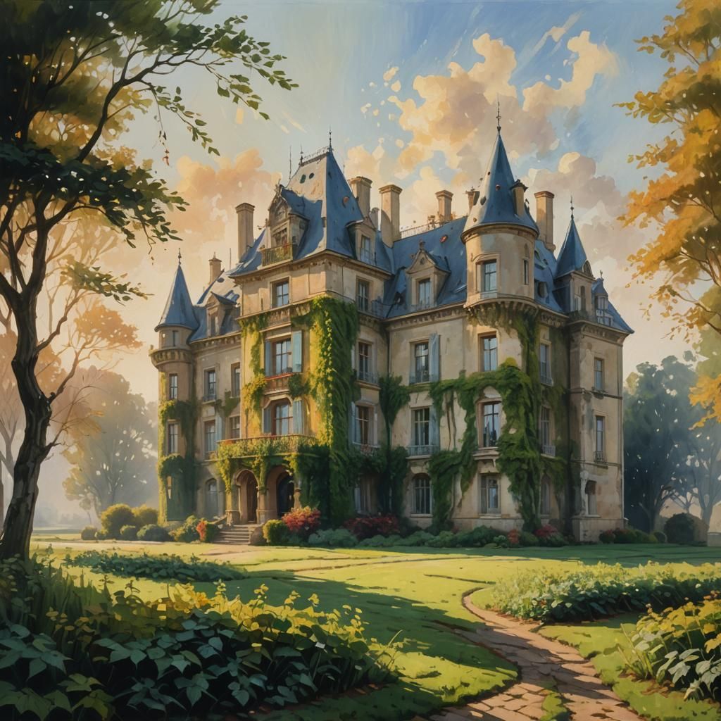 Modern Chateau in Triadic Colors as Oil Painting