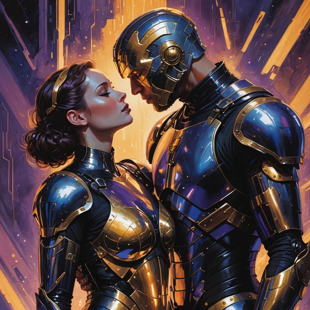 Romantic Cyberpunk Couple: Pregnant Woman in Armor