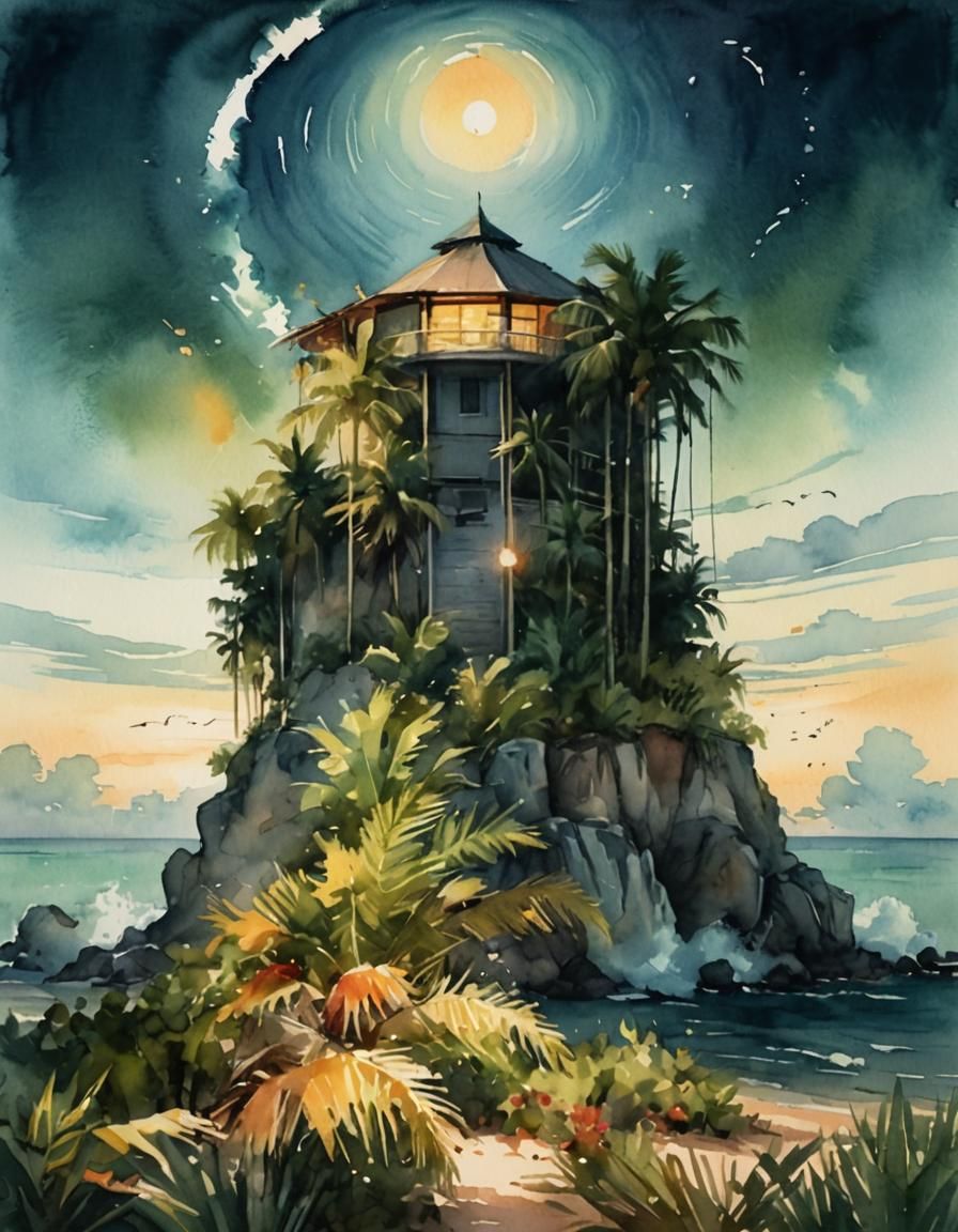 Tropical Beach Sunset in Watercolor Style