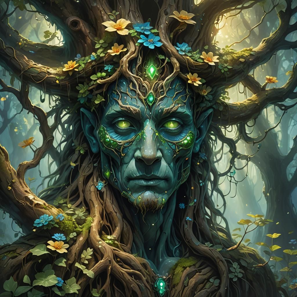 Mystical Tree Spirit Portrait with Bioluminescent Fungi