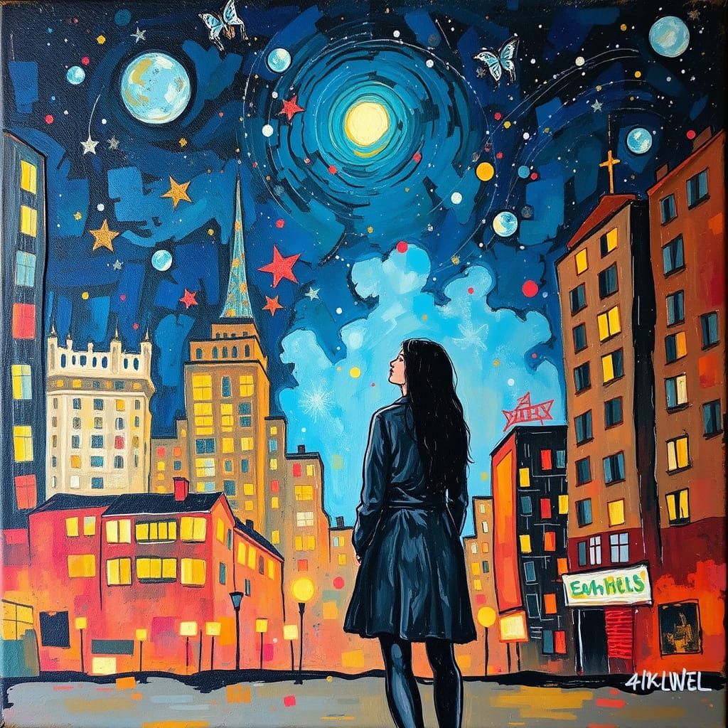 Woman Gazes at Starry City Night in Expressionist Painting