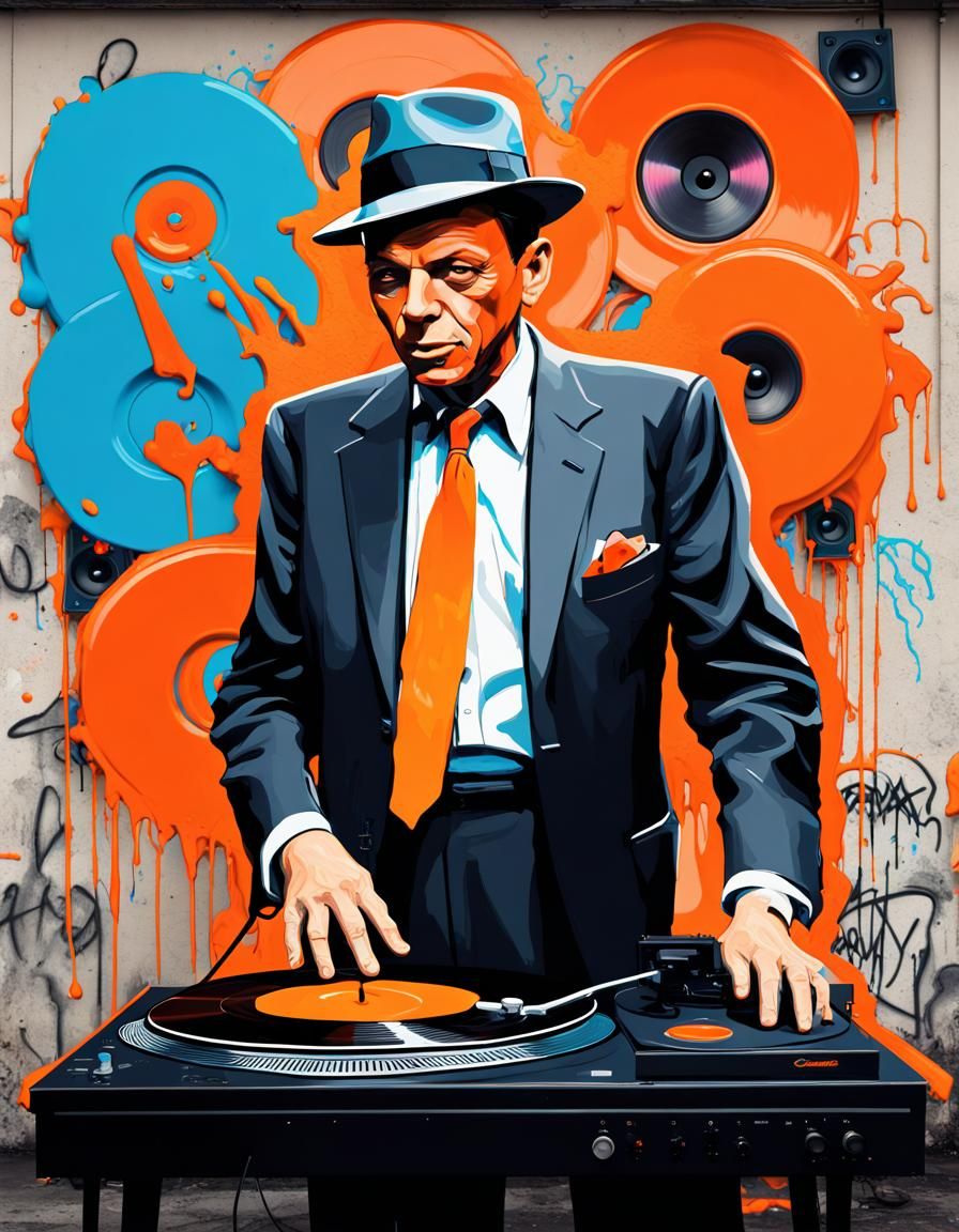Neon Frank Sinatra Listening to Music in Graffiti Art
