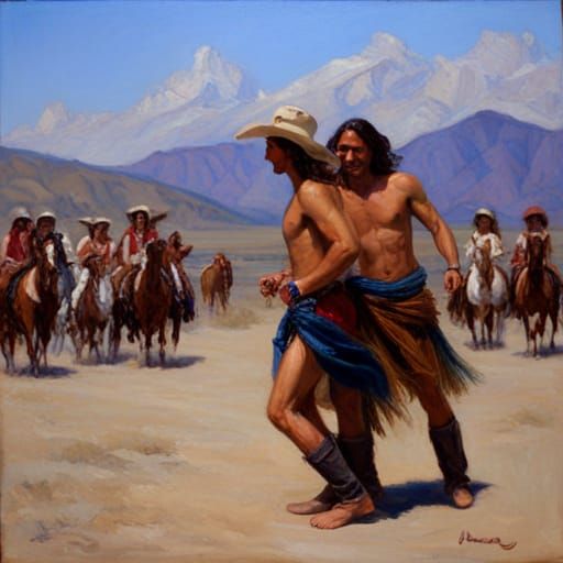 Cowboys Dancing at Hoedown in Oil Painting Style