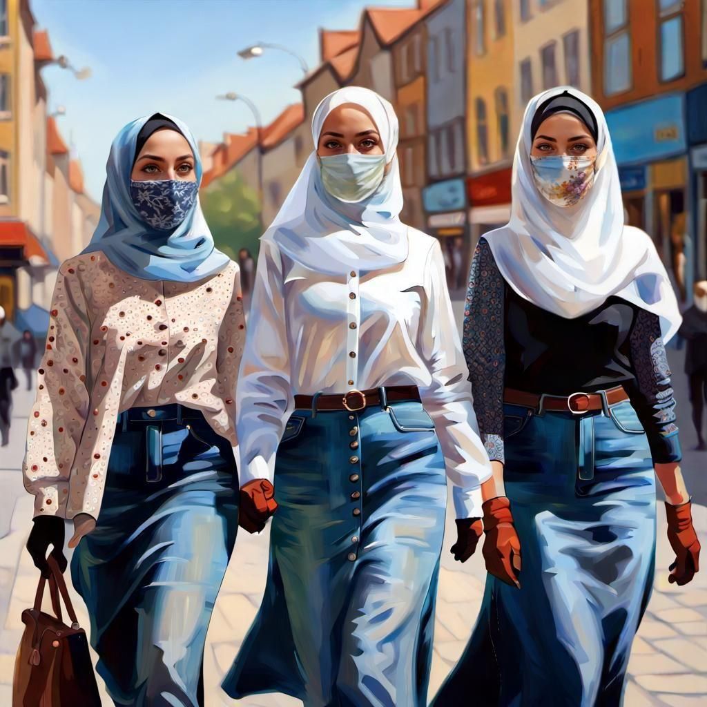 Detailed Portrait of Women in Hijabs Walking in City