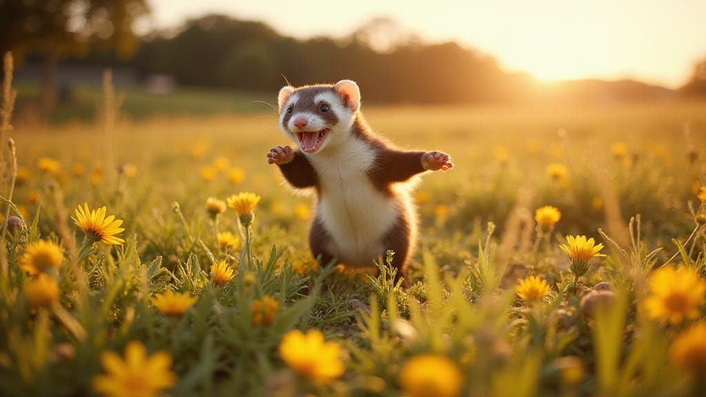 Joyful Ferret in a Vibrant Wildflower Field