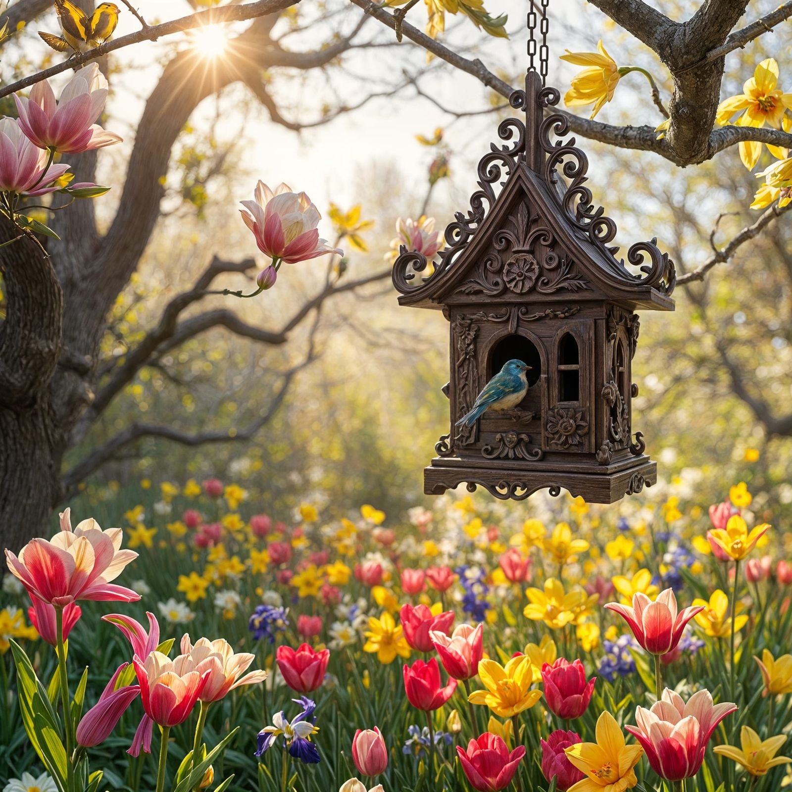 Beautifully Decorated Birdhouse in Spring Garden