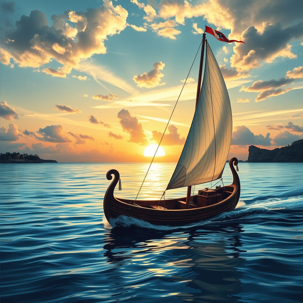Boat Glides Across Tropical Water at Sunset