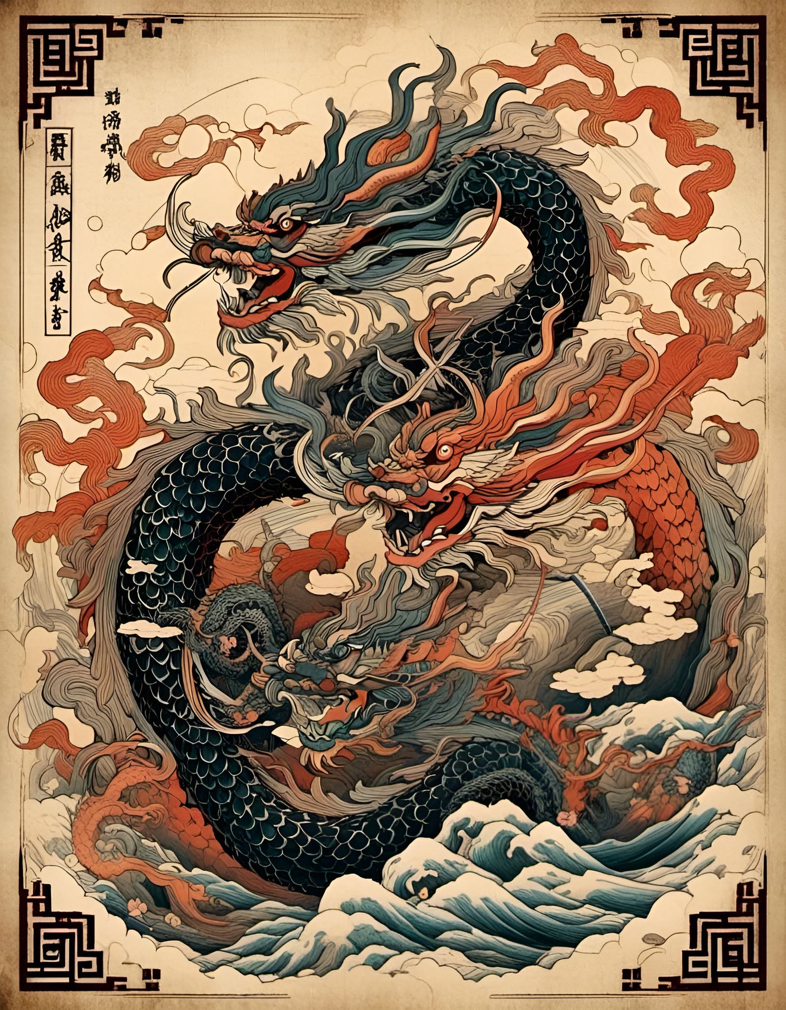 Chinese Wood Dragon Woodblock Print