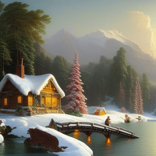 Winter Cottage Landscape Painting in Ultra Detail