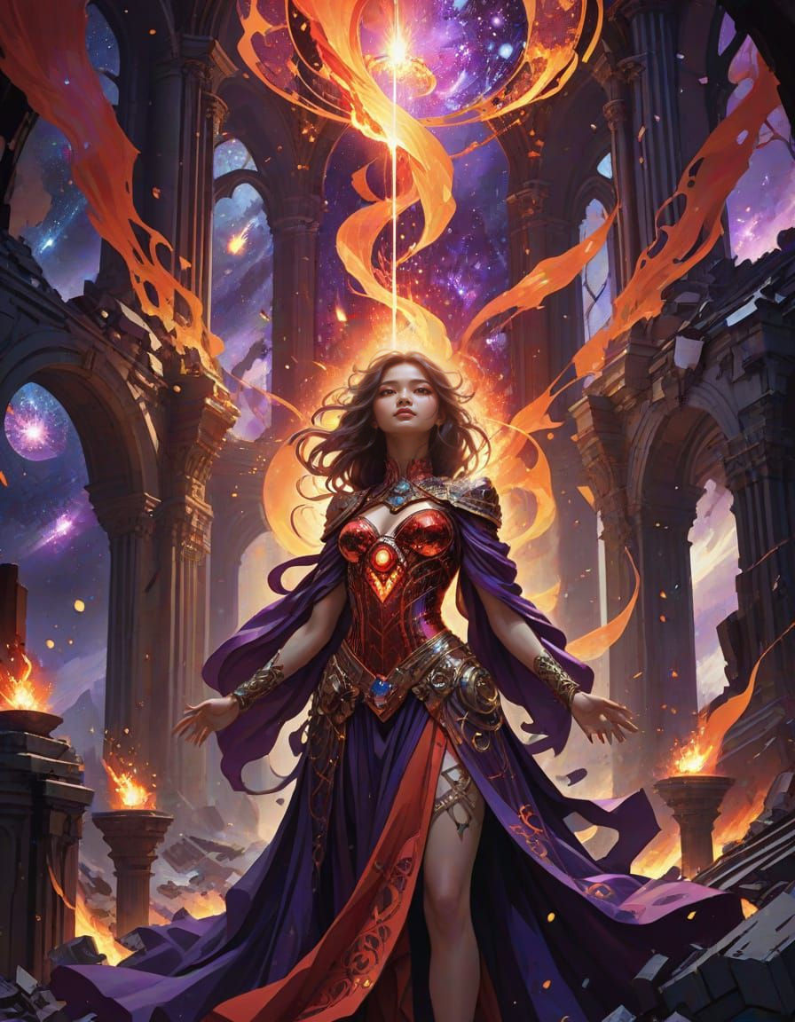 Cosmic Hero with Wild Hair and Fiery Aura