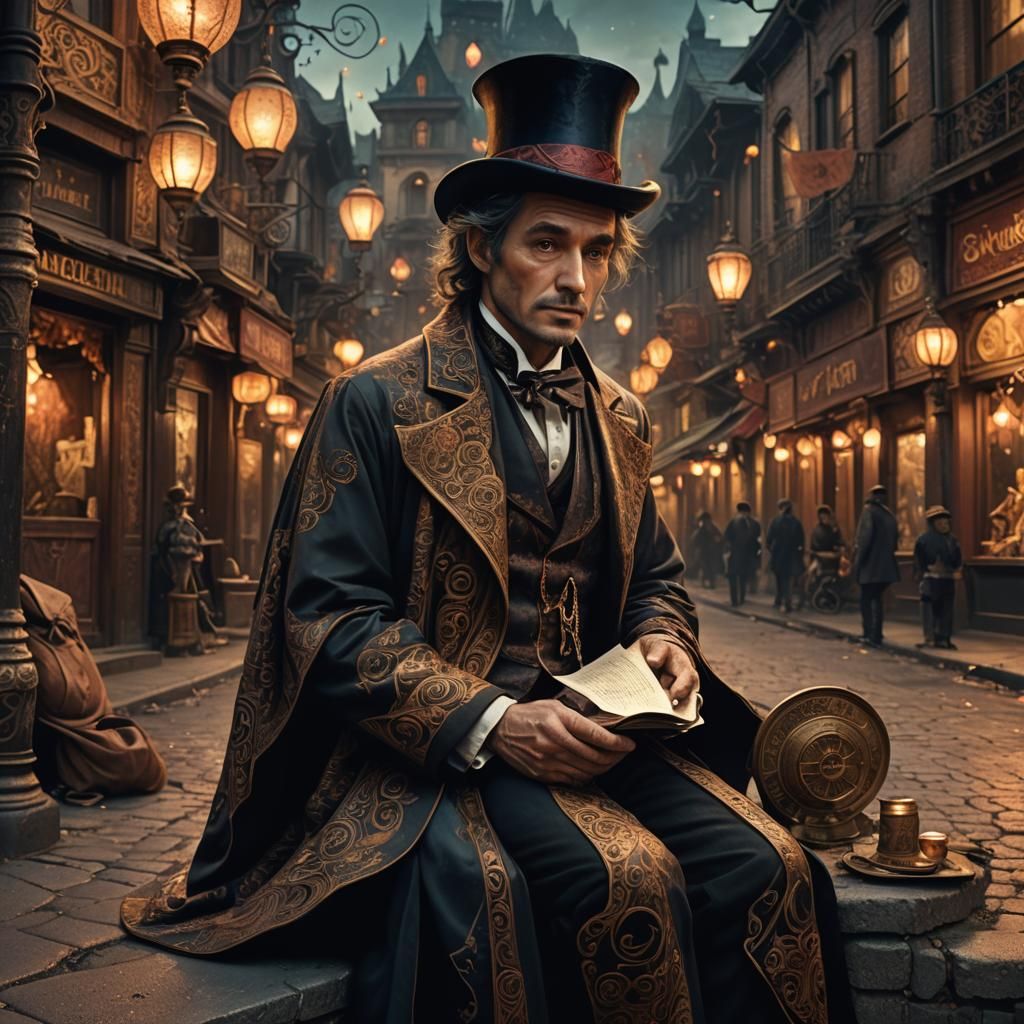 Despondent Magician on Dim Street Corner in Matte Painting