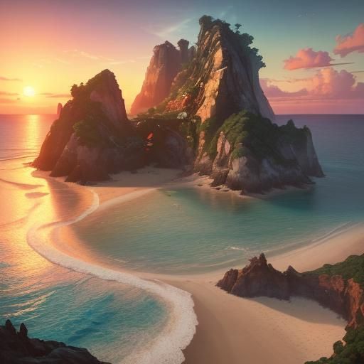 Retro Beach Sunset in Detailed Matte Painting Style