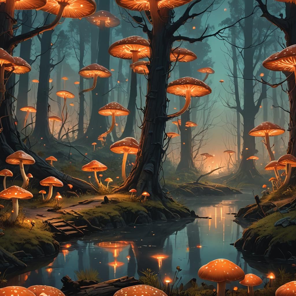 Mystical Mushroom Woodland with Fire River