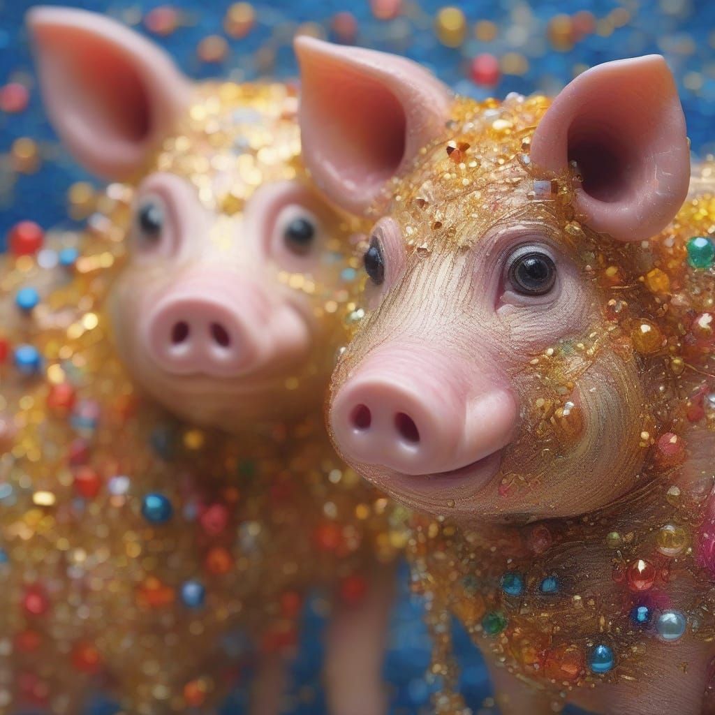 Surreal Pigs Covered in Shimmering Beads as Oil Painting