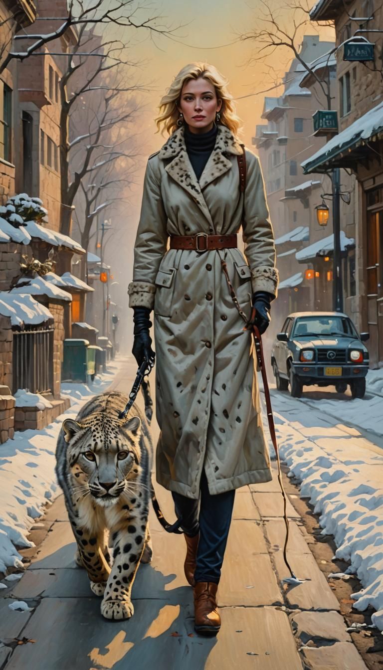 Woman Walks Leopard: Oil Painting Style
