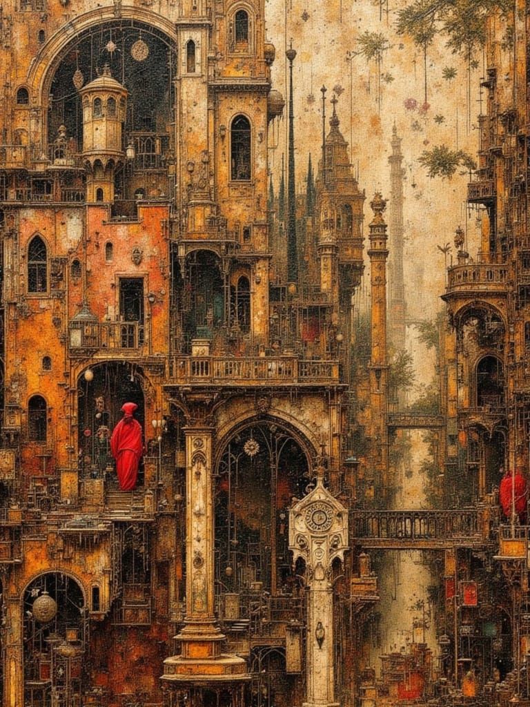 Ancient Tapestry Fused with Modern Art in Dark Palette