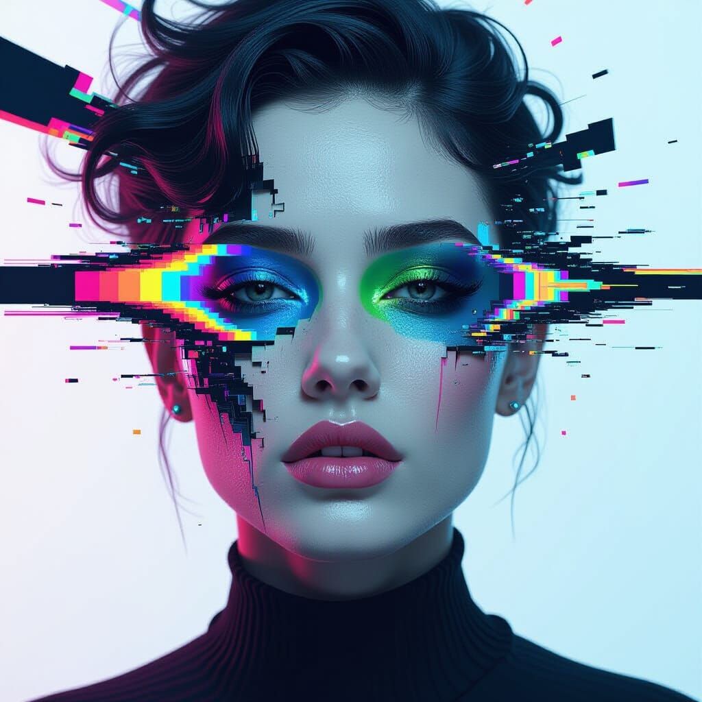 Melting Face in Glitch Art Style with Color Shifts