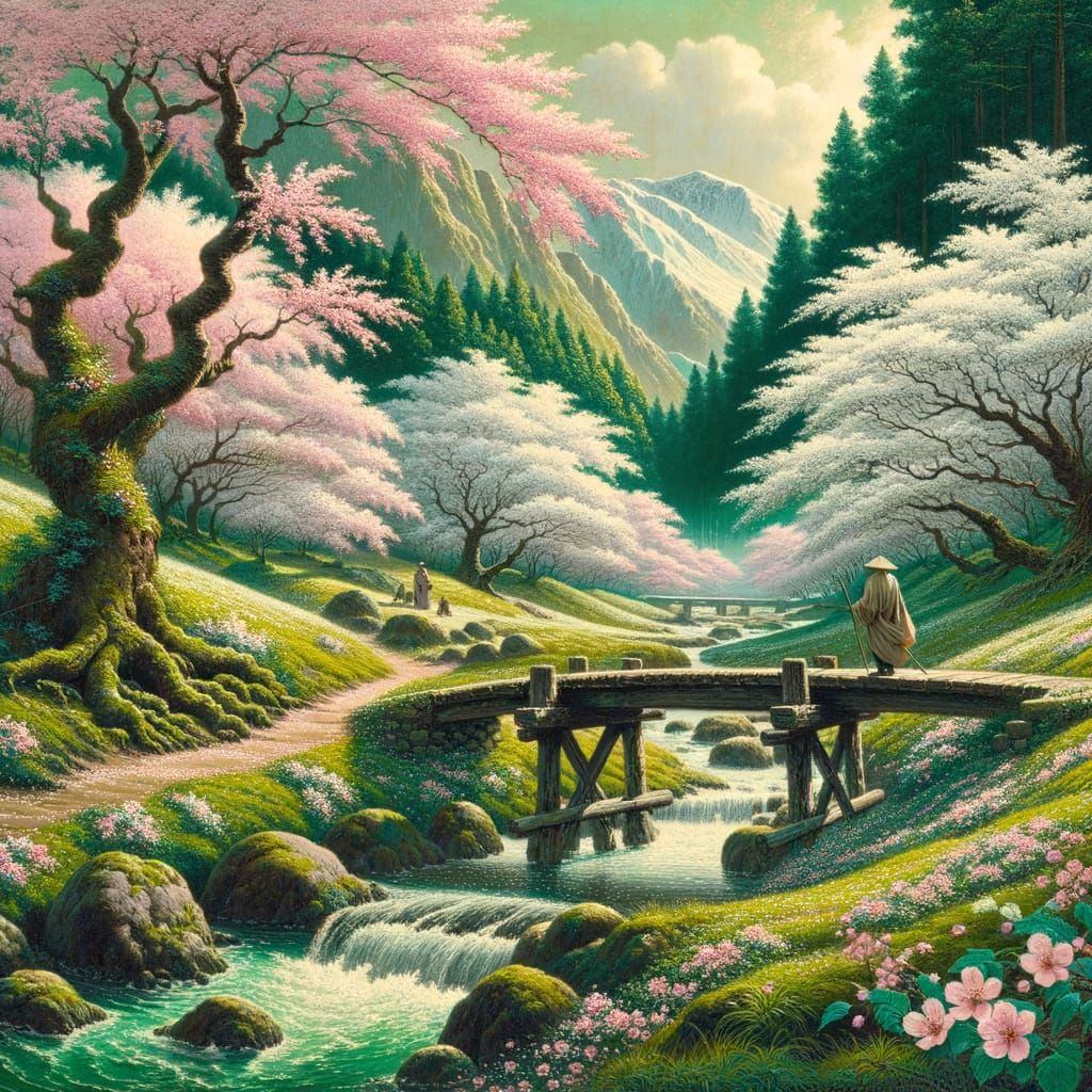 Spring Pastoral Valley with Cherry Blossoms and Traveler