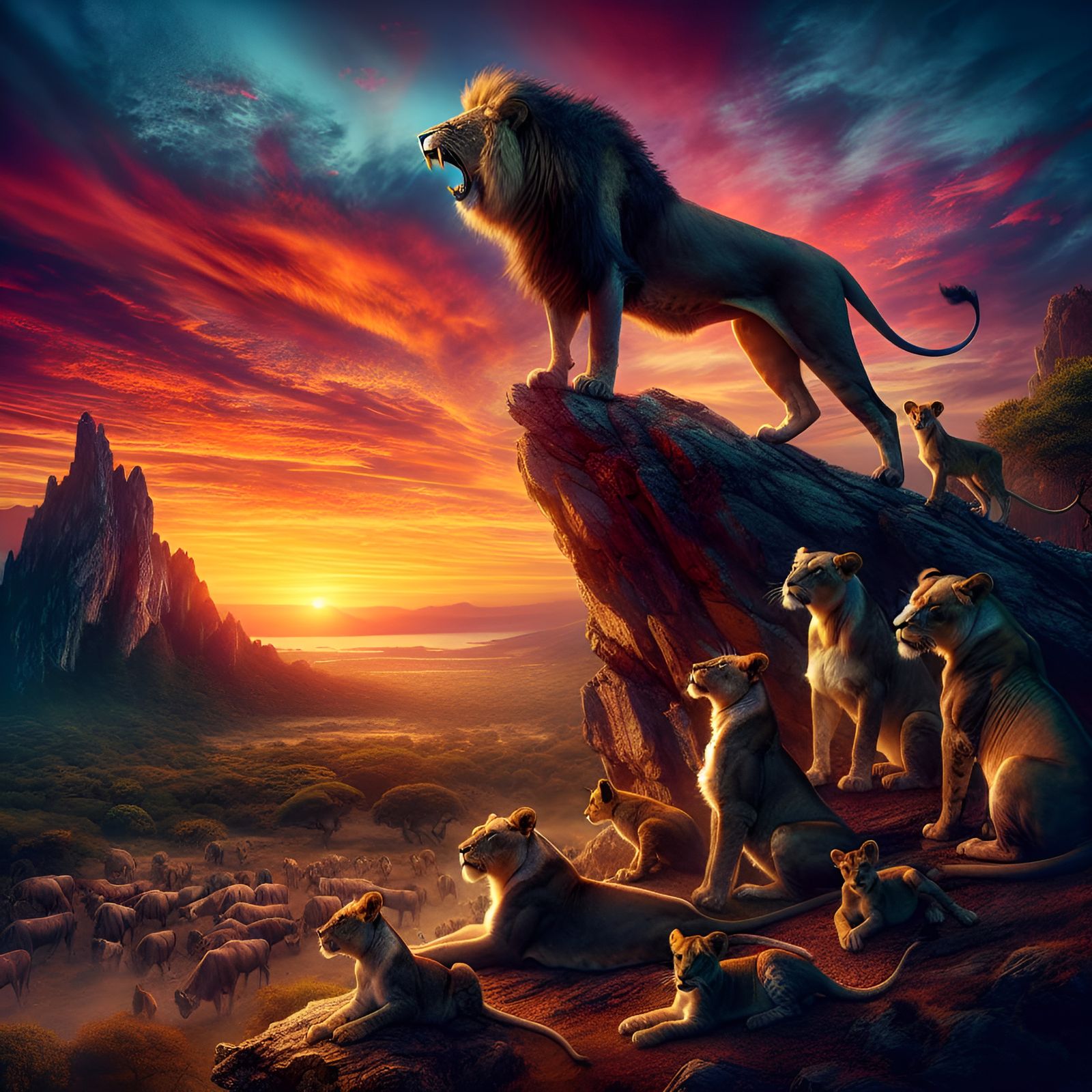 Majestic Lion Roaring at Sunset in Hyperrealism