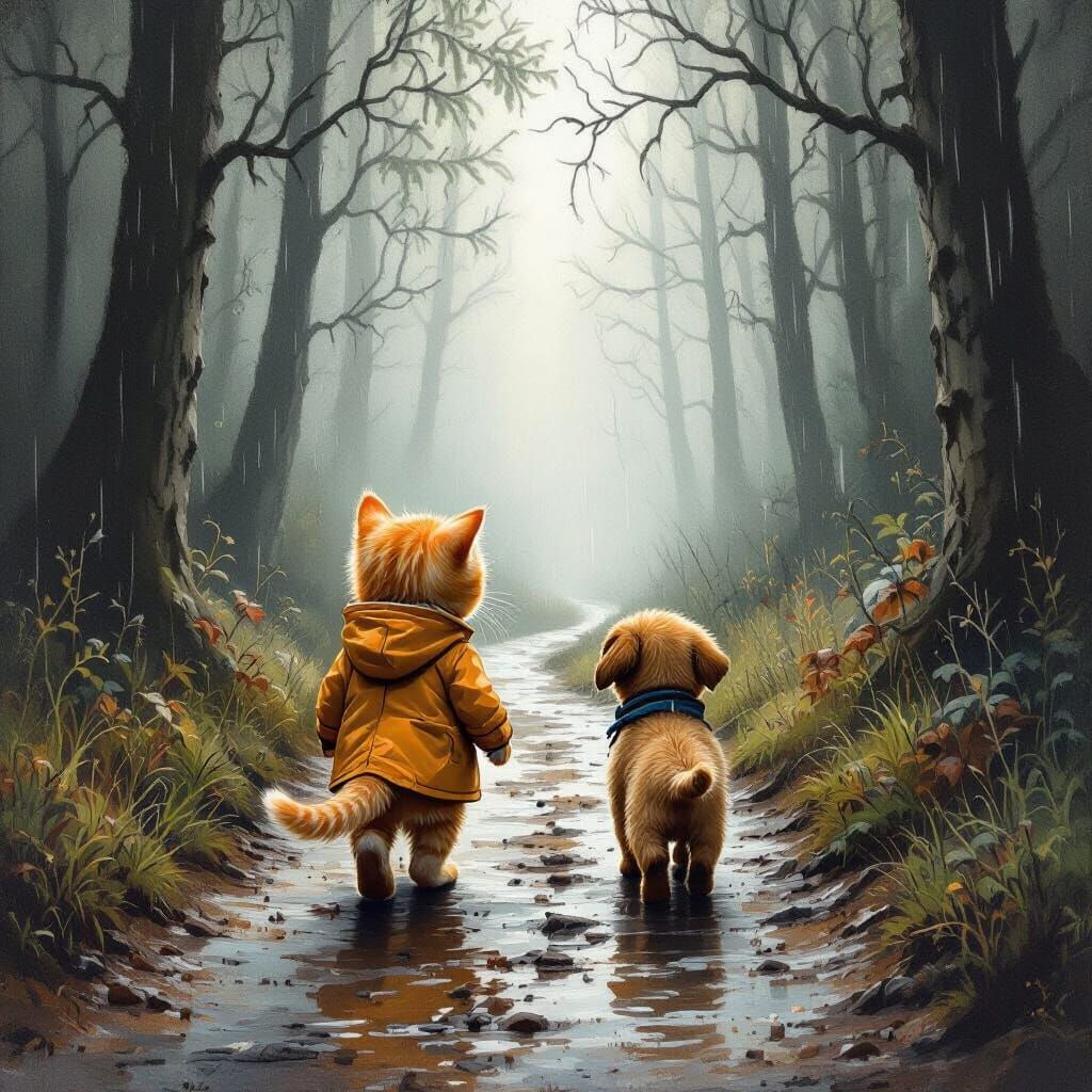 Kitten and Puppy Walking in Misty Forest
