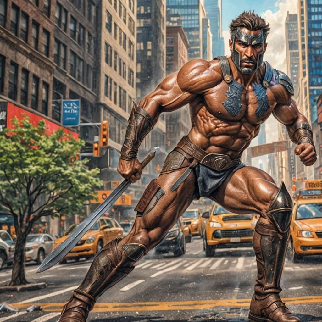 Spartan Warrior in New York, Hyperrealistic Colored Pencil A...