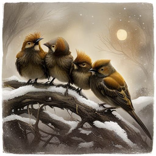 Birds Huddle in Winter Snow: Intricate Fantasy Art