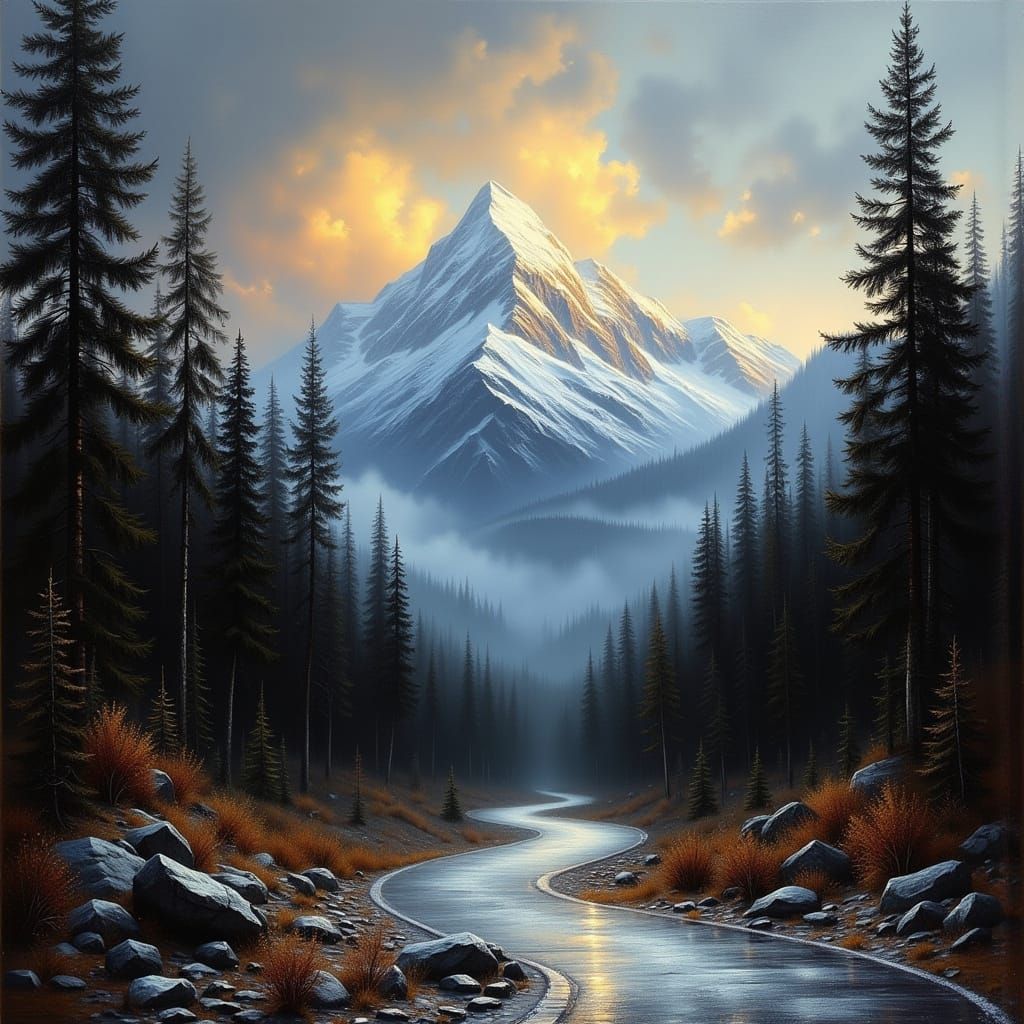 Majestic Mountain Sunset Over Forest Road