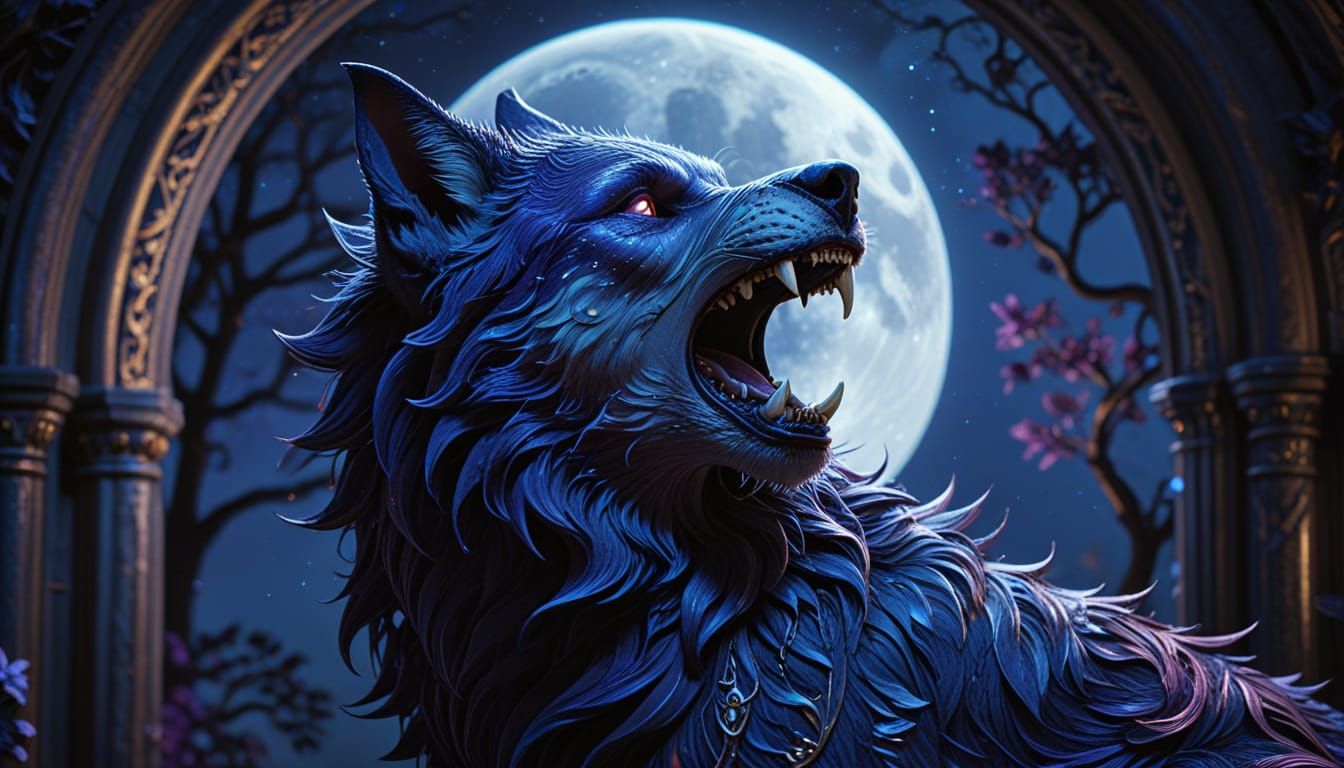Gothic Elven Werewolf Howling at Moon in Art Nouveau Style