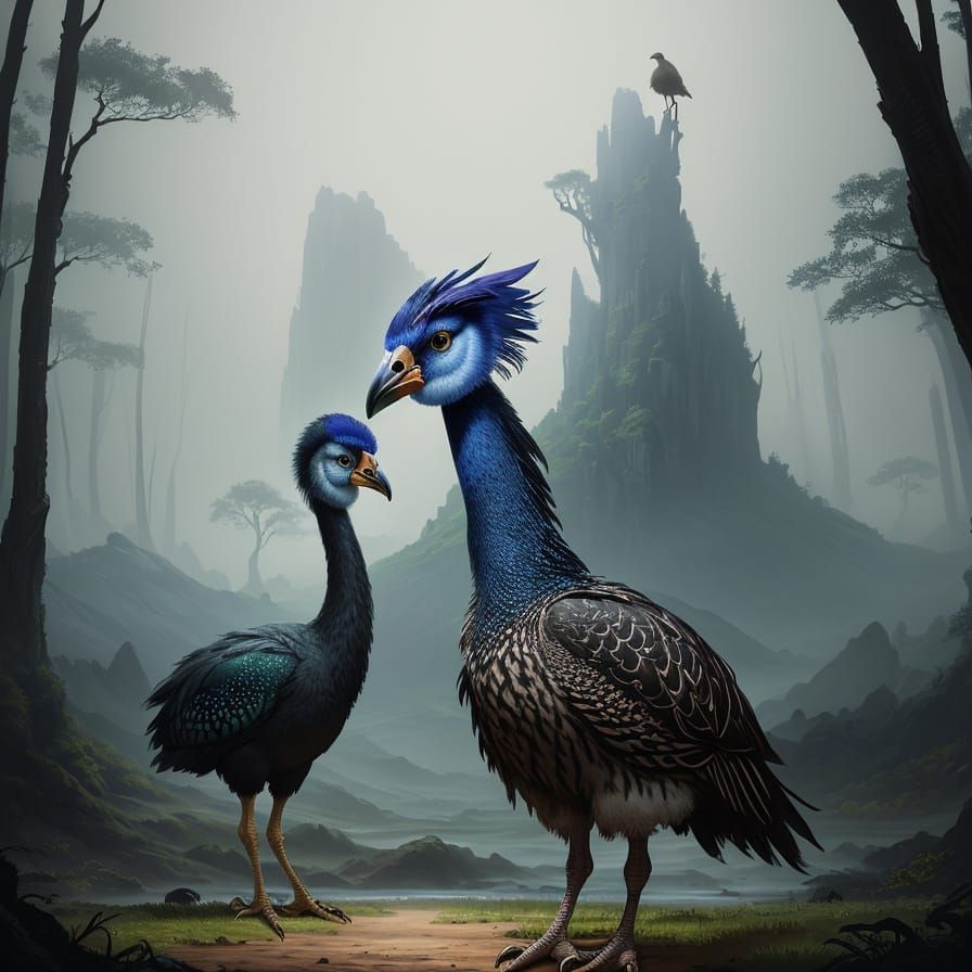 Guinea Fowl and Ostrich in Mystical Forest