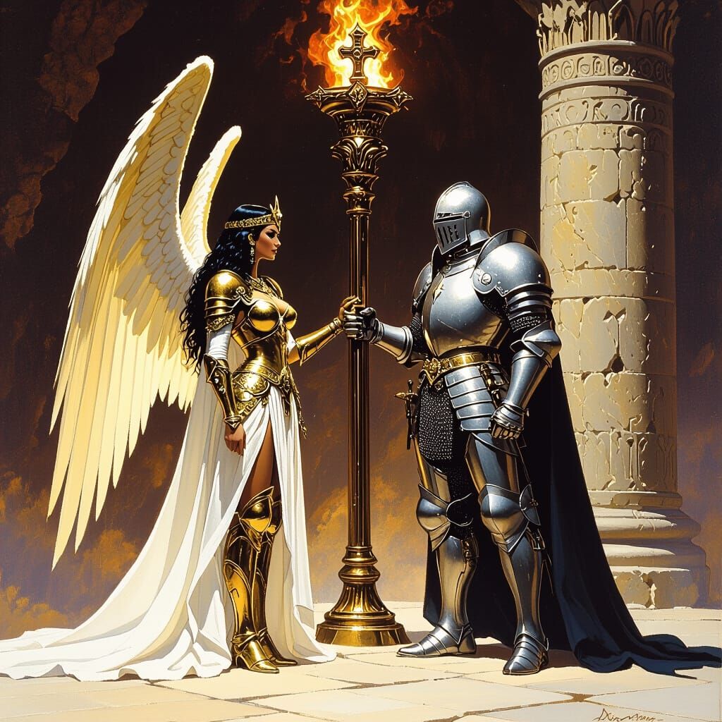 Angel and Knight Guarding Fiery Torch