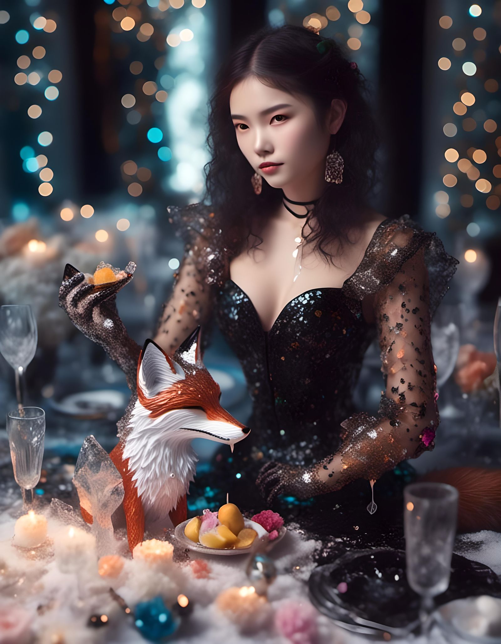Fox-Human Hybrid at Dinner Party, Hyperrealistic Digital Art