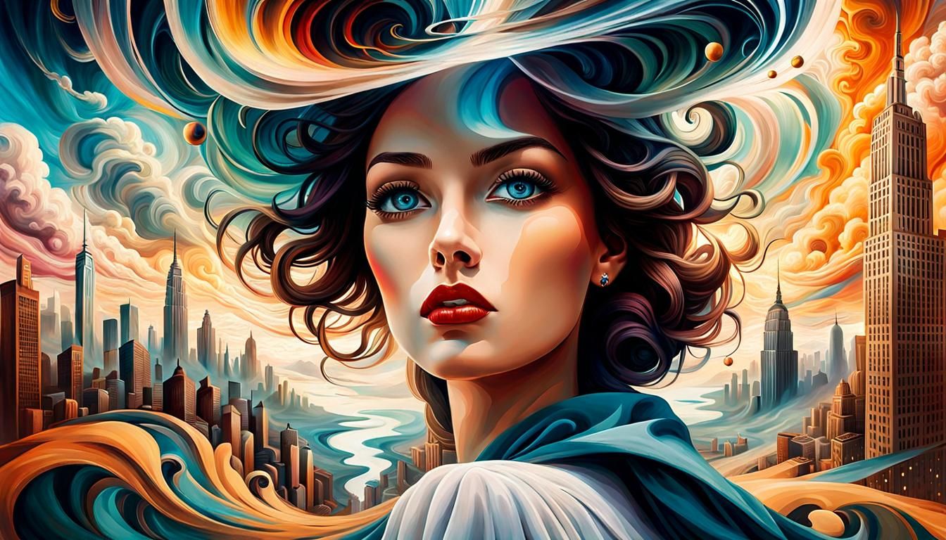 Surrealist Woman in Dreamlike Cityscape, Digital Art