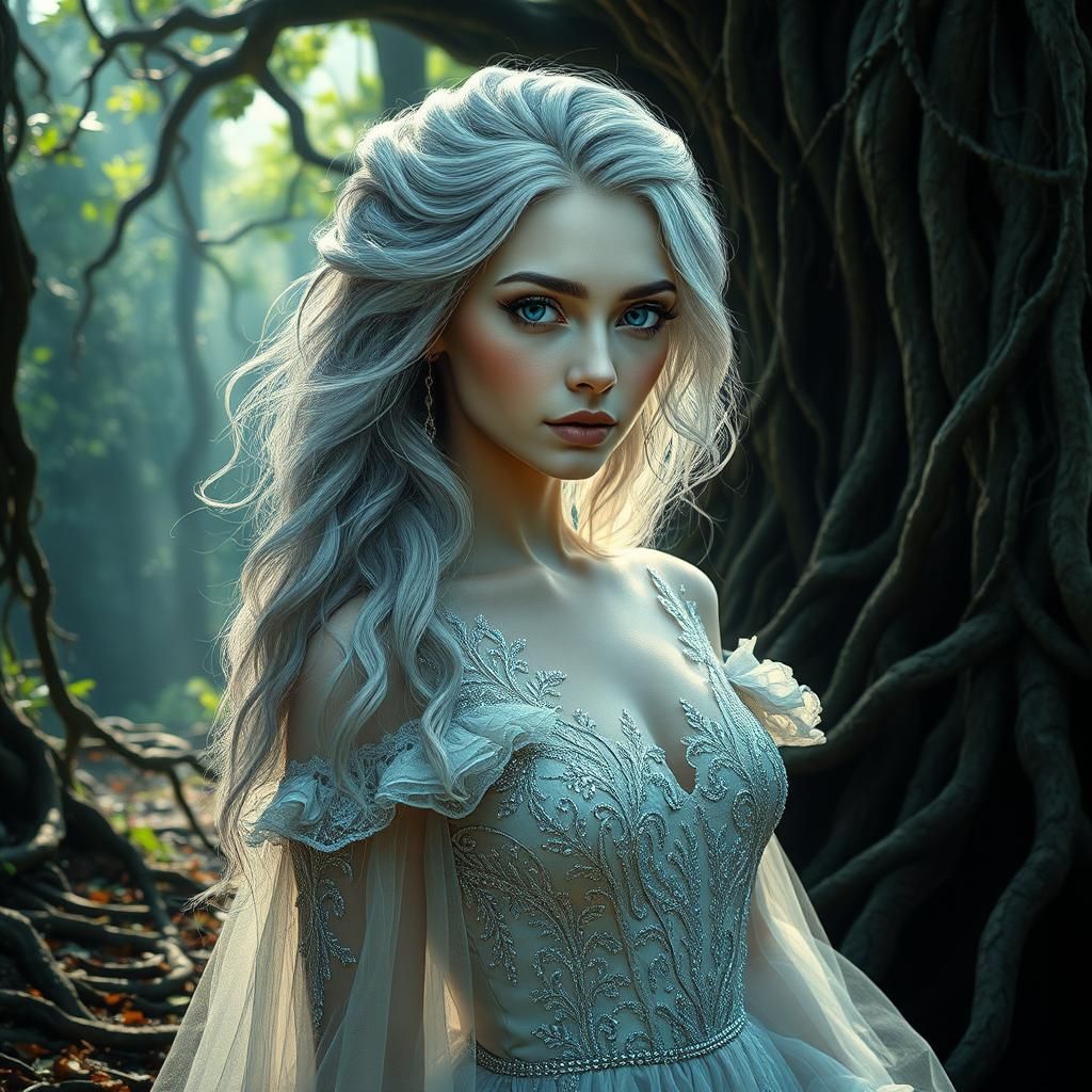 Mystical Forest Portrait: Woman in Silk Gown