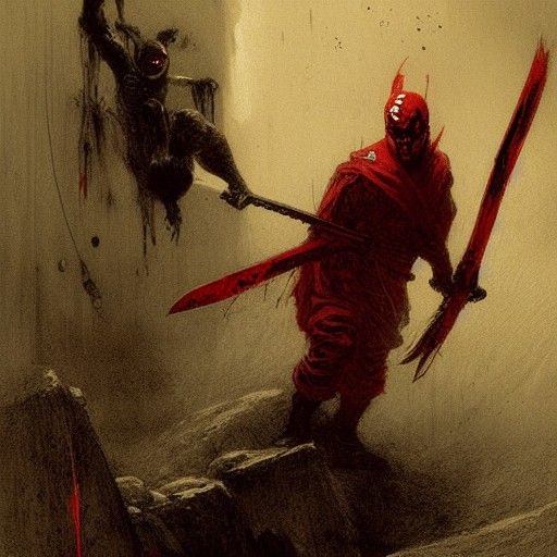 Ninja vs Evil Clown in Dark Horror Style