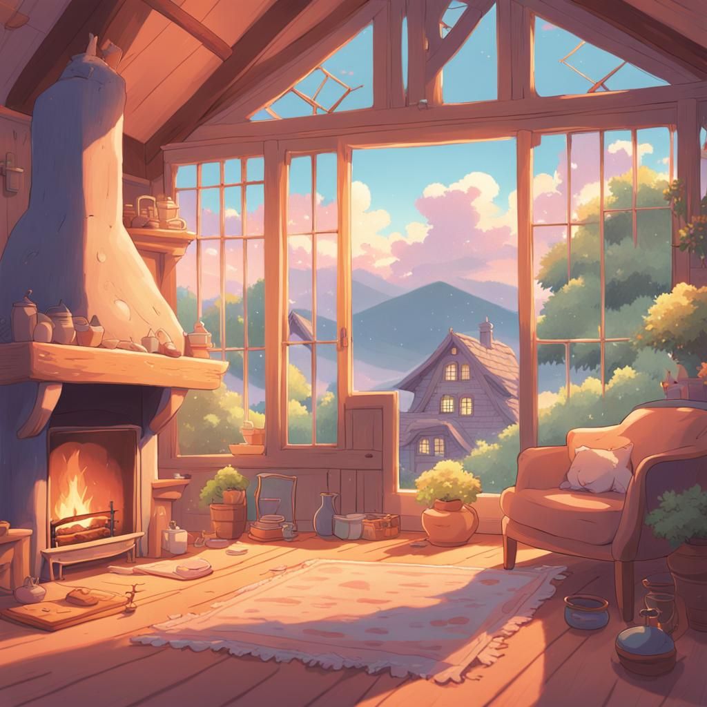 Pastel Witch Cottage in Studio Ghibli Anime Style