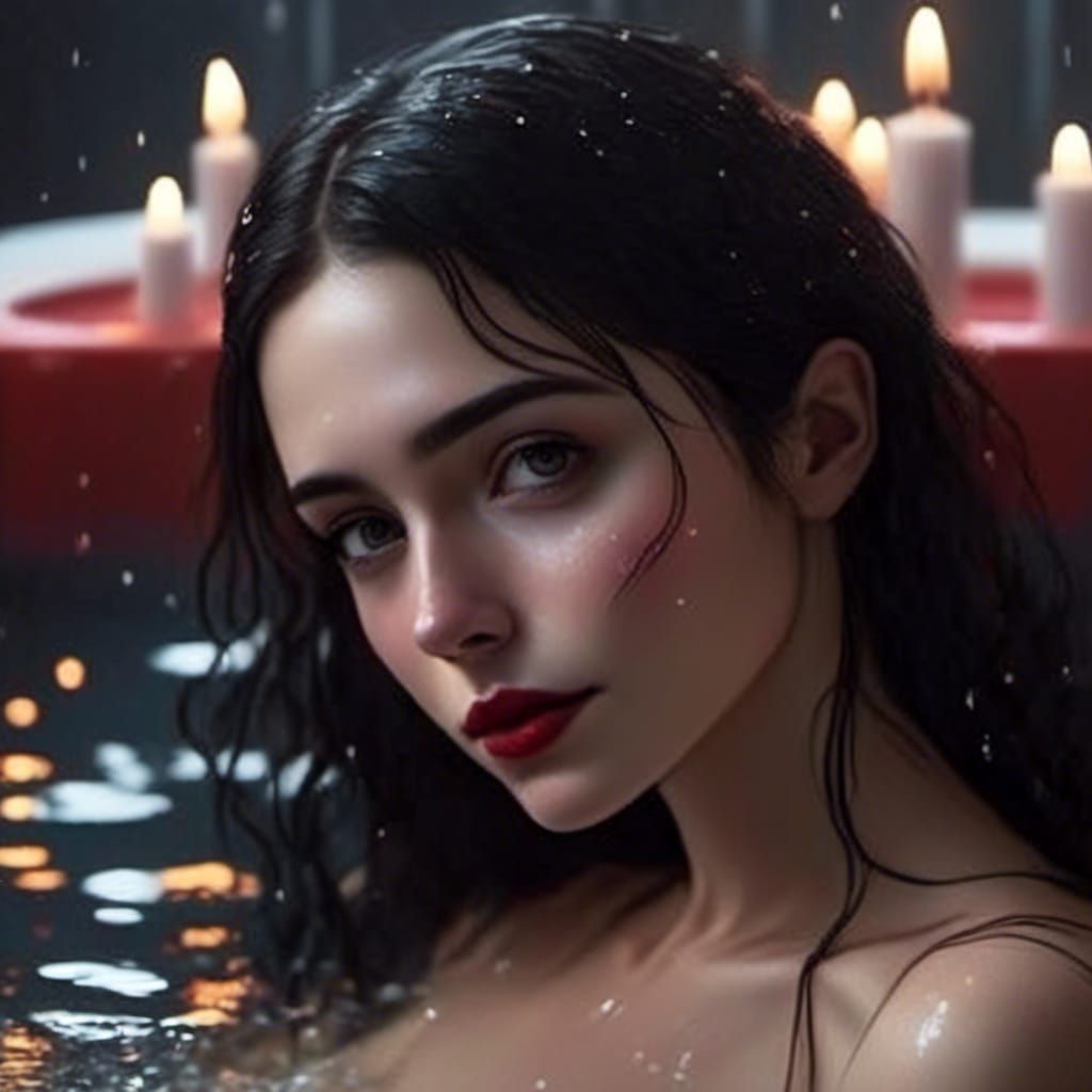 Beautiful Woman Relaxing in Hot Tub at Night